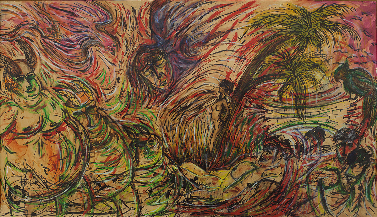 SGSP544. Santiago García Sáenz. 1984. Acrílico, tinta y óleo sobre papel montado sobre madera (tablero duro de fibras). 110,5 x 193,5 cm. Fotografía Ignacio Iasparra